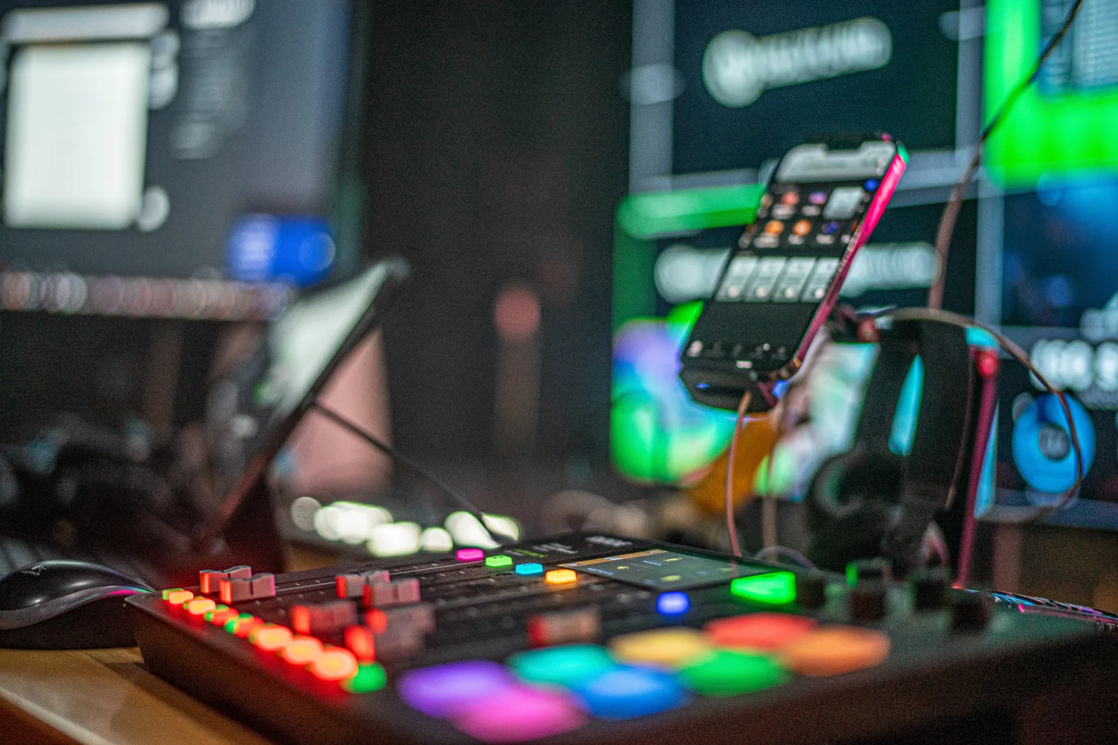 ATEM production switcher with colorful LED buttons at Studio C